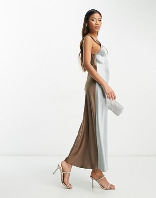 ASOS DESIGN elasticated back satin slip midi dress in grey and mocha colourblock - ASOS Price Checker
