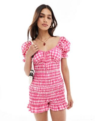 ASOS DESIGN elasticated channel lace trim bow playsuit gingham