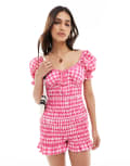 [ASOS DESIGN] ASOS DESIGN elasticated channel lace trim bow playsuit in pink gingham-Multi 10 Pink Gingham