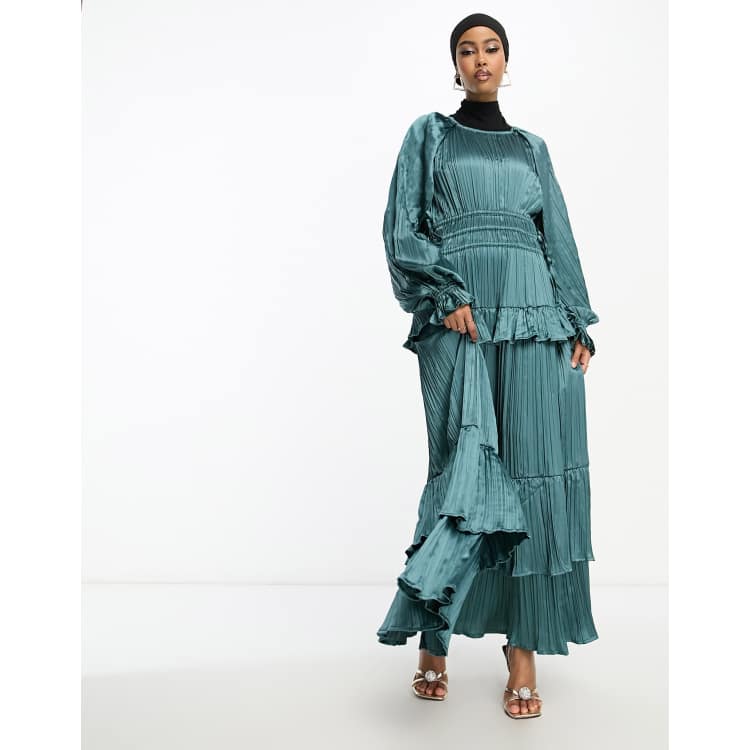 asos blue satin dress DESIGN elasticated channel maxi with ties in size:12 - 18 M ld26-exclude satin maxi dress with sleeves Black tie garden party Made from soft and