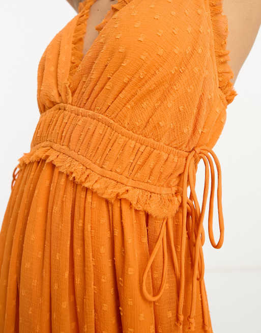 ASOS DESIGN elasticated frill waist midi slip dress in orange dobby