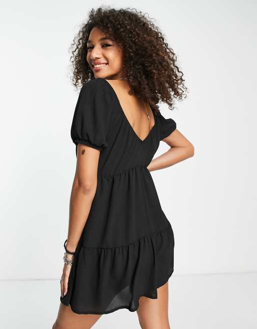 ASOS DESIGN elasticated neckline tiered mini dress in black, 2 of 4