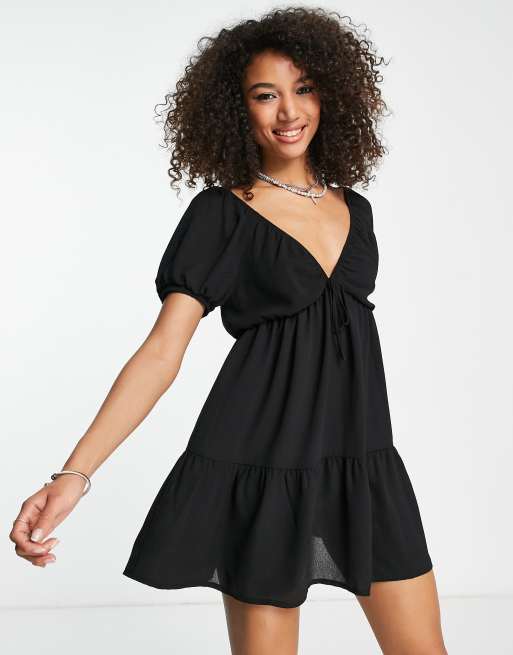 ASOS DESIGN elasticated neckline tiered mini dress in black, 3 of 4