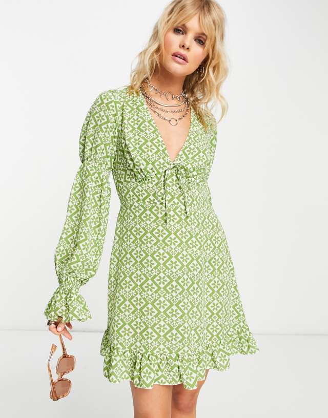 ASOS DESIGN elasticated sleeve tie neck mini dress in green geo floral print