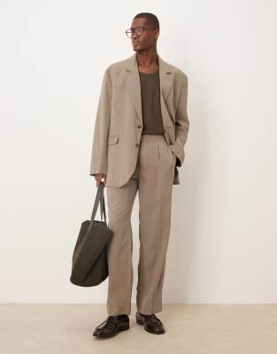 ASOS DESIGN elasticated straight leg suit trousers in stone-Neutral