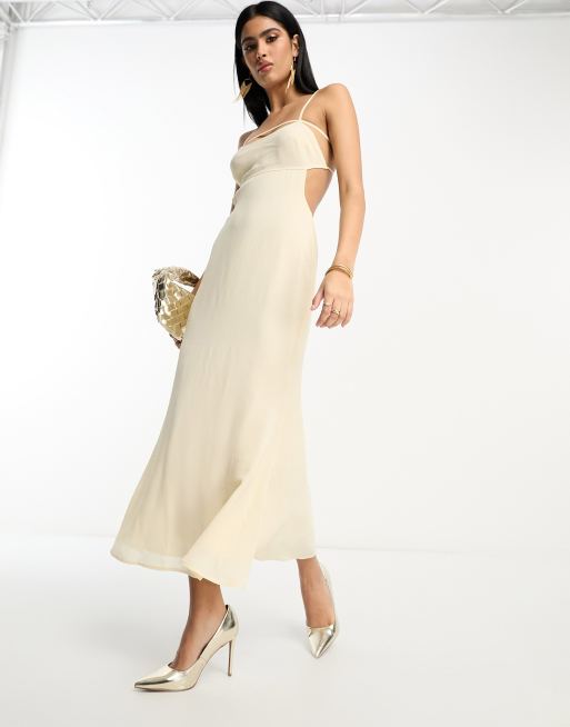 FhyzicsShops DESIGN elasticated strappy midi dress with open back in ivory