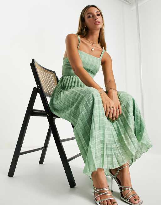 ASOS DESIGN elasticated tie back pleated midi dress in sage green | ASOS