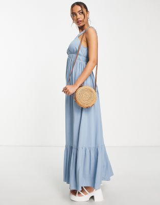 ASOS DESIGN elasticated v back and neck maxi dress in duck egg-Blue