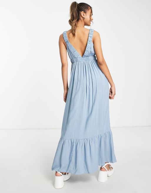 ASOS DESIGN elasticated v back and neck maxi dress in duck egg