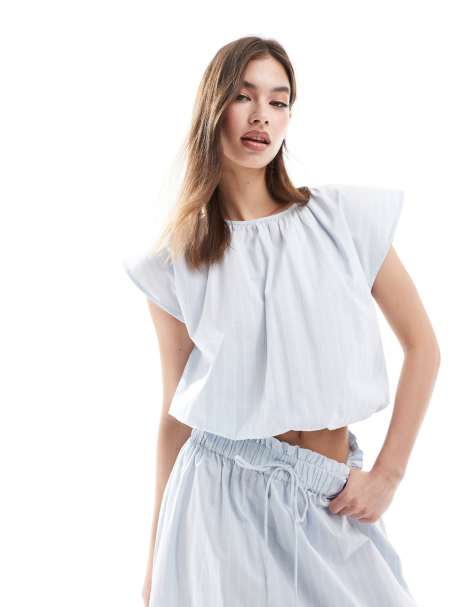 ASOS DESIGN elasticated waist co-ord top in blue and white stripe