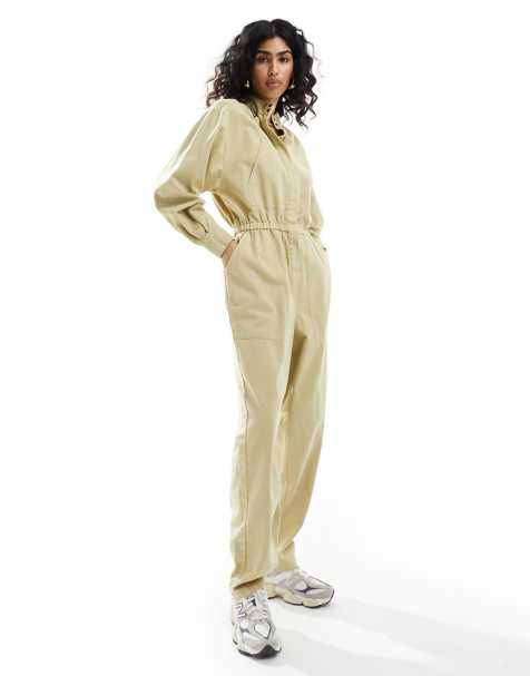 ASOS DESIGN elasticated waist tapered leg jumpsuit with concealed placket in sand - view 1