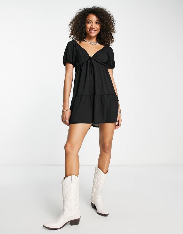 ASOS DESIGN elasticized neckline tiered mini dress in black