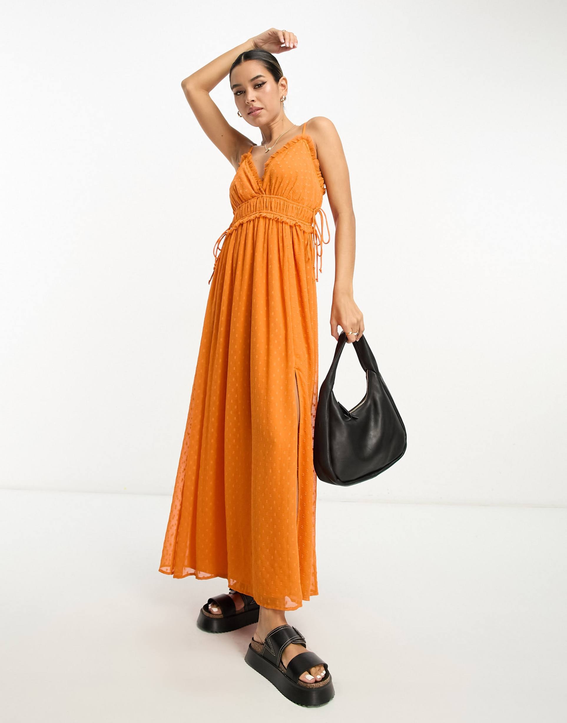 asos design elasticized ruffle waist midi slip dress in orange texture