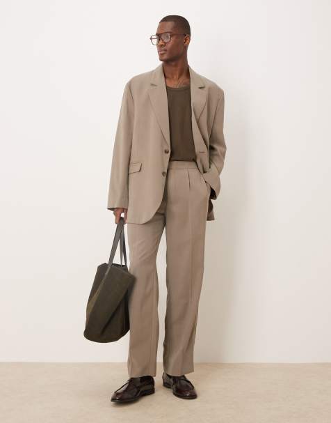 ASOS DESIGN elasticized straight leg suit pants in stone - view 1