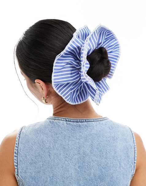 ASOS DESIGN - Elastico per capelli oversize blu con motivo a righe - view 1