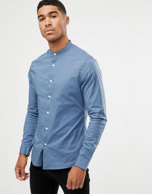 ASOS DESIGN - Elastisch skinny-fit overhemd zonder boord in blauw