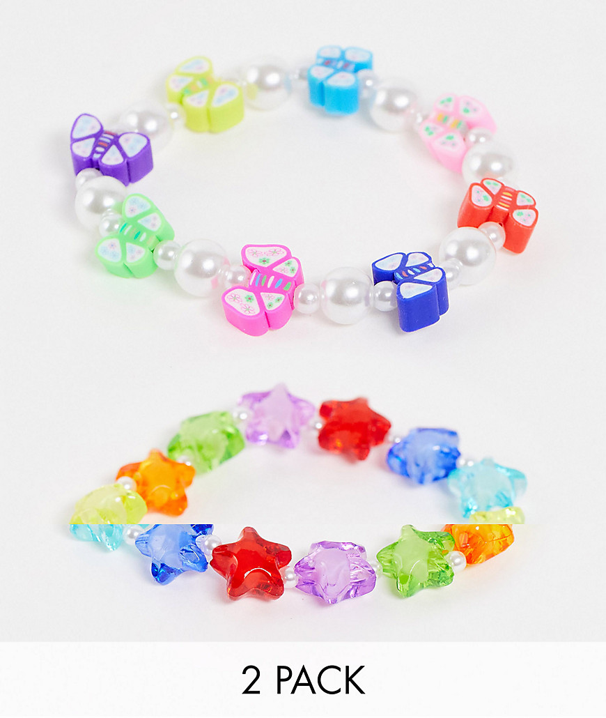 ASOS DESIGN – Elastische Armbänder im 2er-Set mit Perlen in Schmetterlings- und Sternform-Mehrfarbig