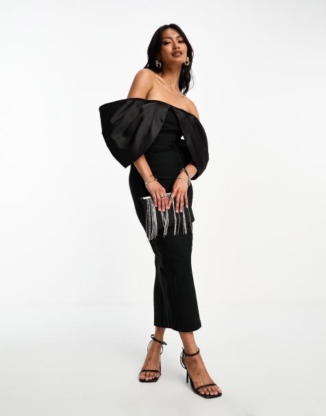 ASOS DESIGN - Elastische midi bardotjurk met blote schouders in zwart - view 1