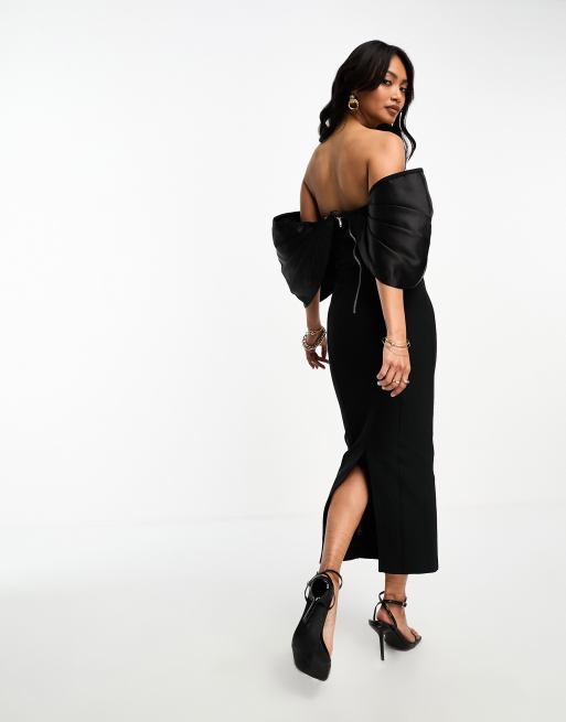 ASOS DESIGN - Elastische midi bardotjurk met blote schouders in zwart, 3 van 4