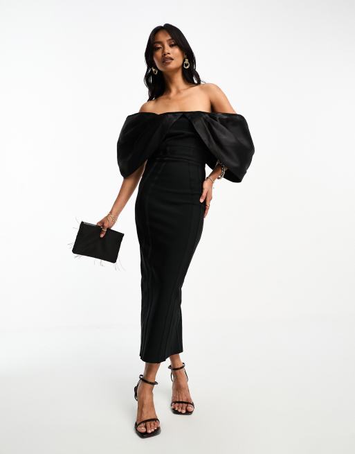 ASOS DESIGN - Elastische midi bardotjurk met blote schouders in zwart, 4 van 4