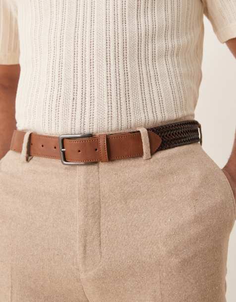 ASOS DESIGN – Elastischer gewebter Gürtel aus Kunstleder in Schwarz und Braun - view 1