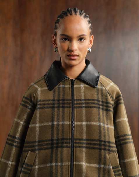 ASOS DESIGN formal bomber jacket with leather look collar in khaki check