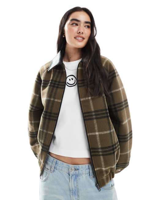ASOS DESIGN – Elegancka kurtka bomberka w kratkę w kolorze khaki z kołnierzem o skórzanym wyglądzie