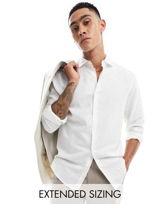ASOS DESIGN – Elegancka lniana koszula o regularnym kroju z kołnierzykiem włoskim w białym kolorze