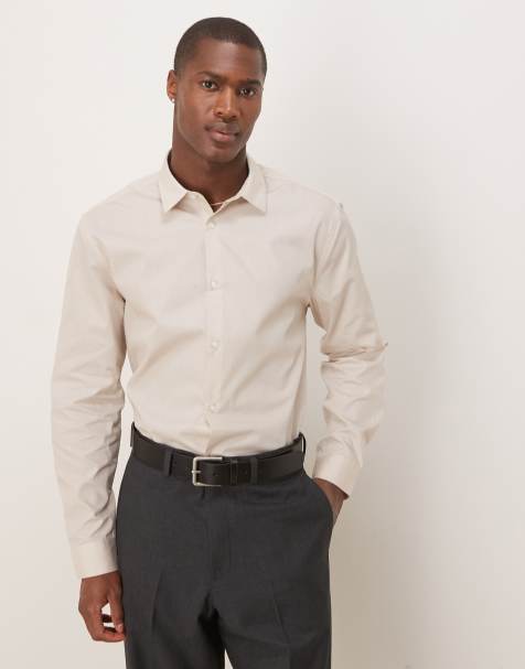 ASOS DESIGN formal easy iron poplin regular shirt in stone