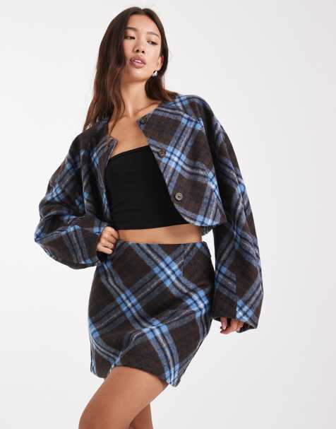 ASOS DESIGN – Elegancka szczotkowana spódnica w brązowo-niebieską kratkę, część zestawu - view 1