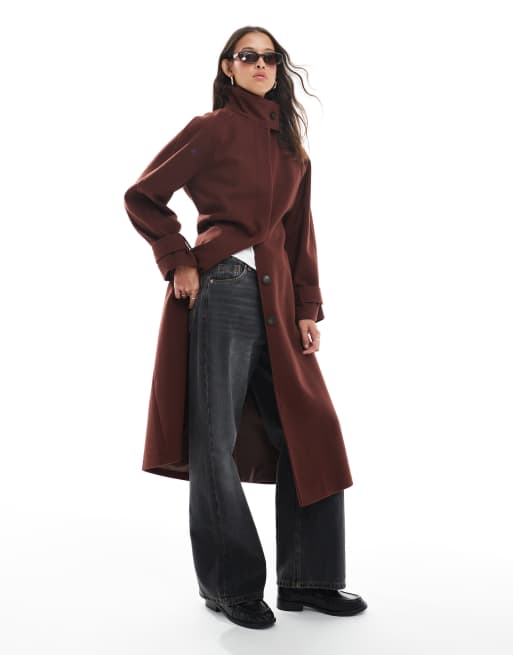 ASOS DESIGN – Elegancki trencz i wydłużonym fasonie z wysokim kołnierzem w rdzawym kolorze