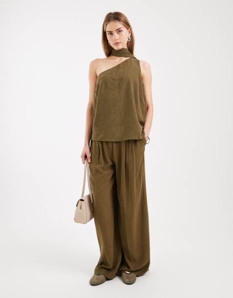 ASOS DESIGN – Elegancki zestaw w kolorze khaki: top z szalikiem i spodnie o męskim kroju - view 1