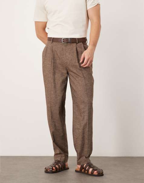 ASOS DESIGN smart oversized tapered trousers with double pleats in brown linen look