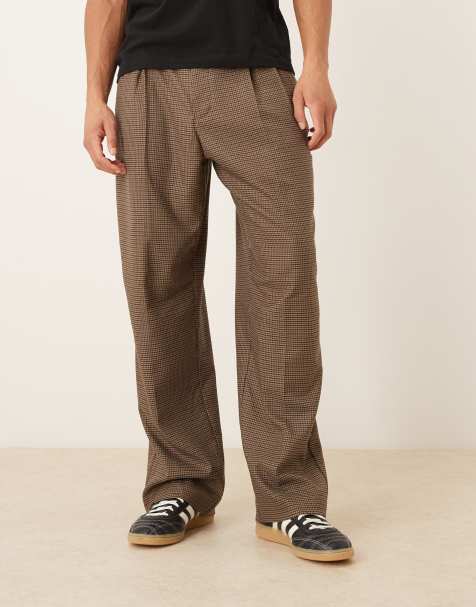 ASOS DESIGN smart wide leg trousers in brown houndstooth with half elasticated waist