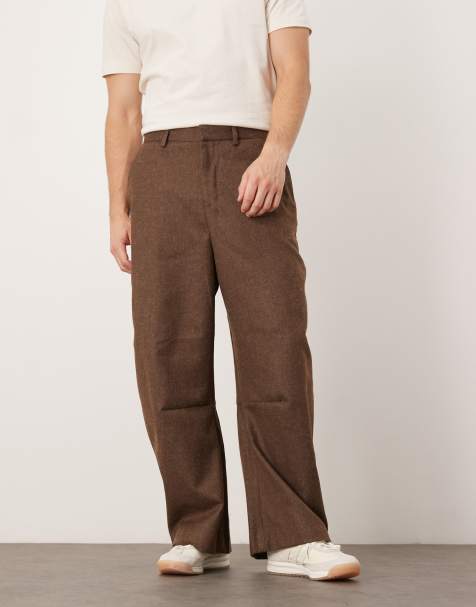 ASOS DESIGN smart wide barrel leg fit trousers with front pleats in brown brushed fabric - BROWN