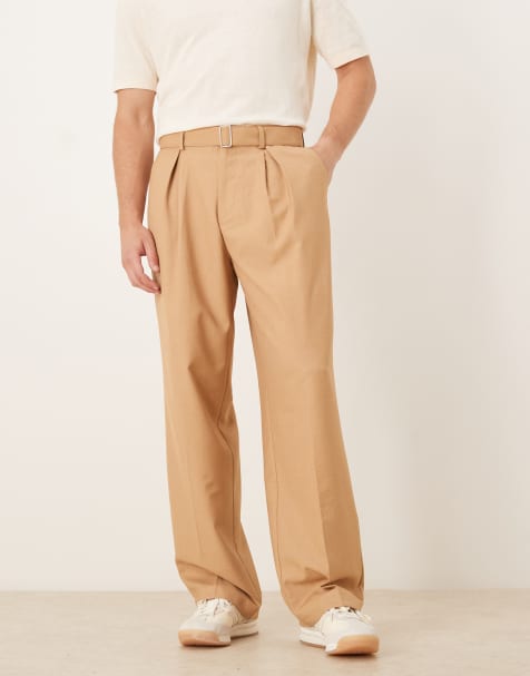 ASOS DESIGN smart wide leg belted trousers with front pleat in camel