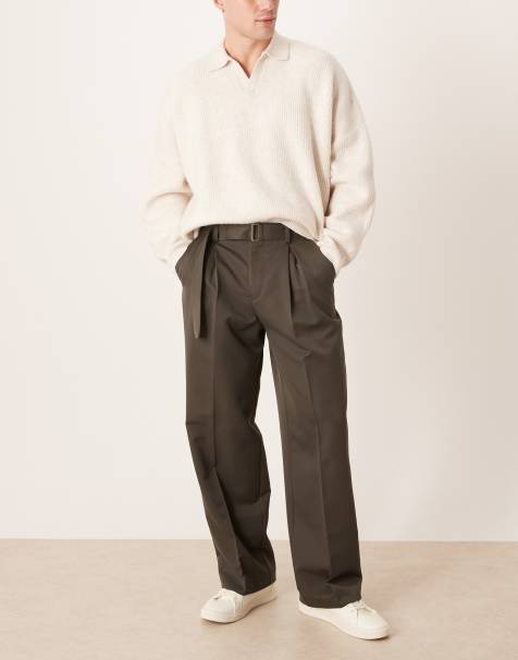 ASOS DESIGN smart pleated wide leg belted trousers in charcoal