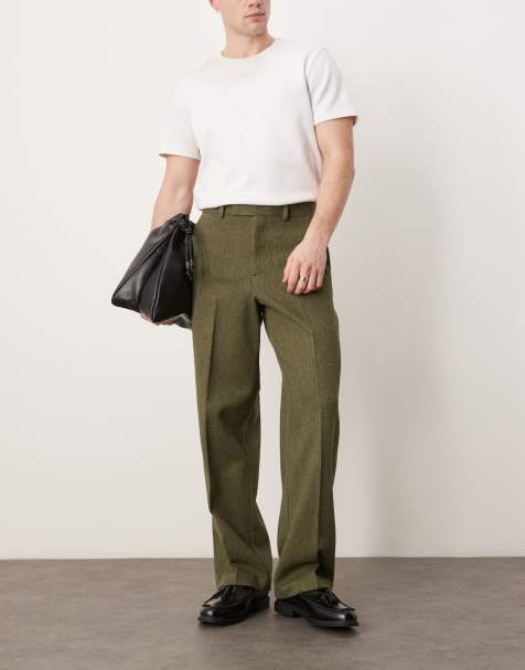 ASOS DESIGN – Eleganckie ciemnozielone spodnie z szerokimi nogawkami z diagonalu z imitacji wełny - view 1