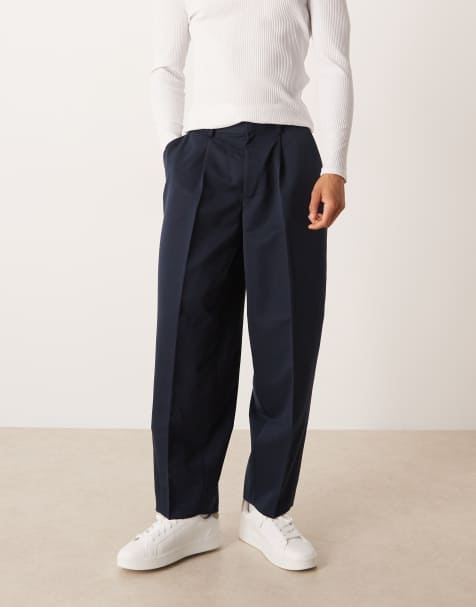 ASOS DESIGN – Eleganckie granatowe spodnie z szerokimi baryłkowymi nogawkami z zakładkami - view 1