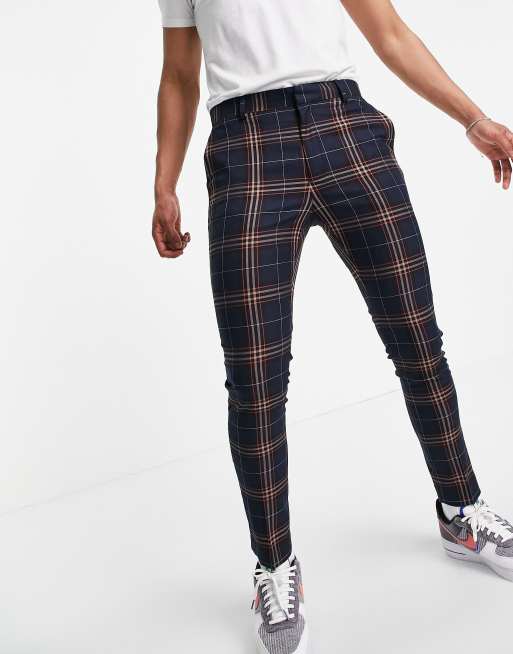 ASOS DESIGN – Eleganckie obcisłe spodnie do kostki z granatowego materiału w szkocką kratę