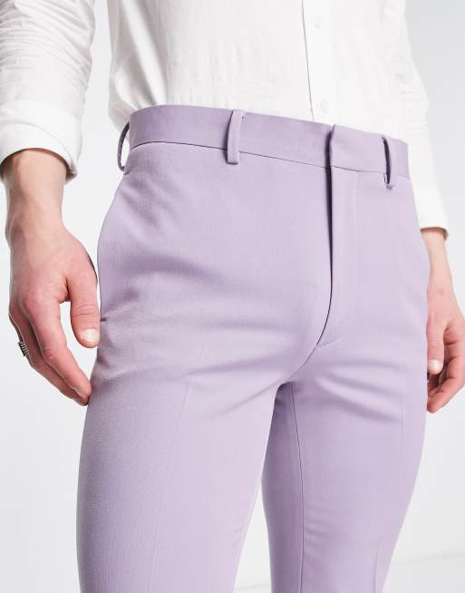 ASOS DESIGN – Eleganckie obcisłe spodnie z rozszerzanymi nogawkami w liliowym kolorze, 3 z 4