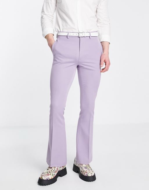 ASOS DESIGN – Eleganckie obcisłe spodnie z rozszerzanymi nogawkami w liliowym kolorze, 4 z 4