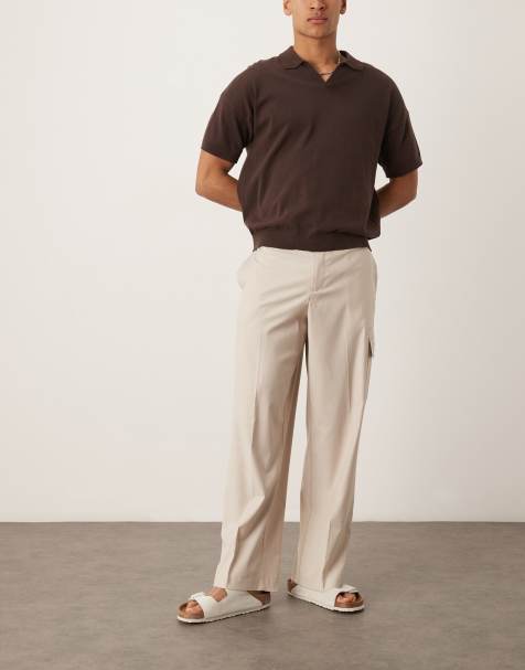 ASOS DESIGN smart wide leg cargo trousers in neutral linen look