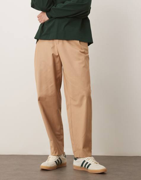 ASOS DESIGN smart tapered chino trousers with double pleats in tan with elasticated waist
