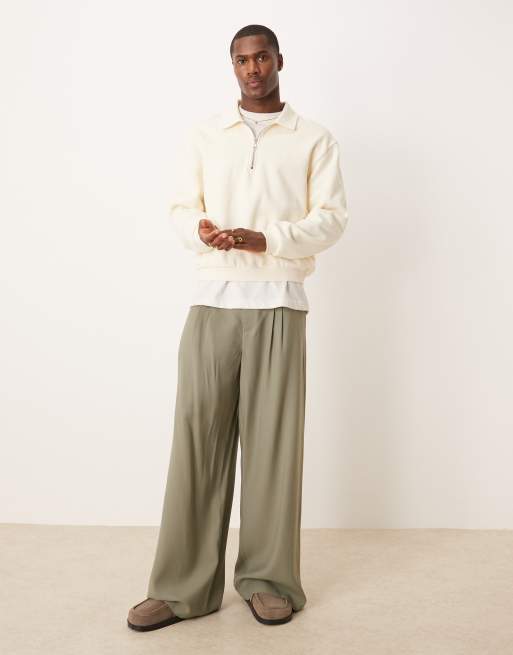 ASOS DESIGN – Eleganckie spodnie o luźnym kroju z podwójnymi zakładkami w kolorze khaki