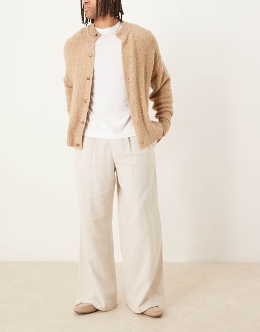 ASOS DESIGN – Eleganckie spodnie o luźnym kroju z szeroką talią z materiału z dodatkiem lnu w kolorze neutralnym
