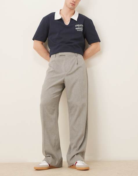 ASOS DESIGN smart wide leg trousers with front pleat in wool look light grey with elasticated waist
