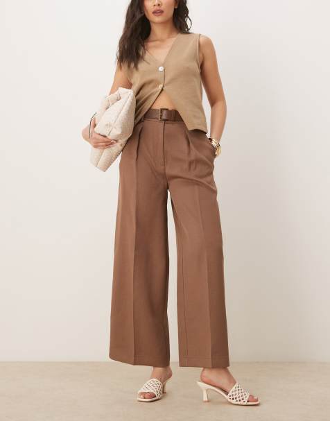 ASOS DESIGN tailored ankle grazer trousers with PU belt in mocha