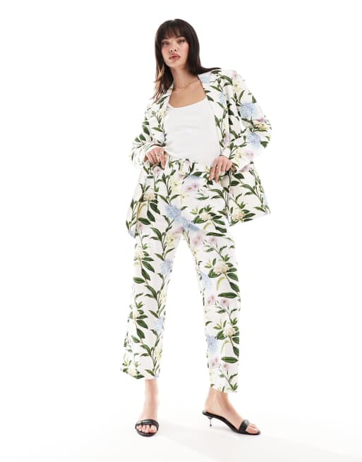 ASOS DESIGN – Eleganckie spodnie z paskiem w kwiatowy wzór z domieszką lnu