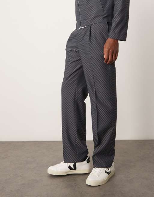 ASOS DESIGN – Eleganckie spodnie z prostymi nogawkami i elastyczną talią we wzór w szarą szachownicę, część zestawu